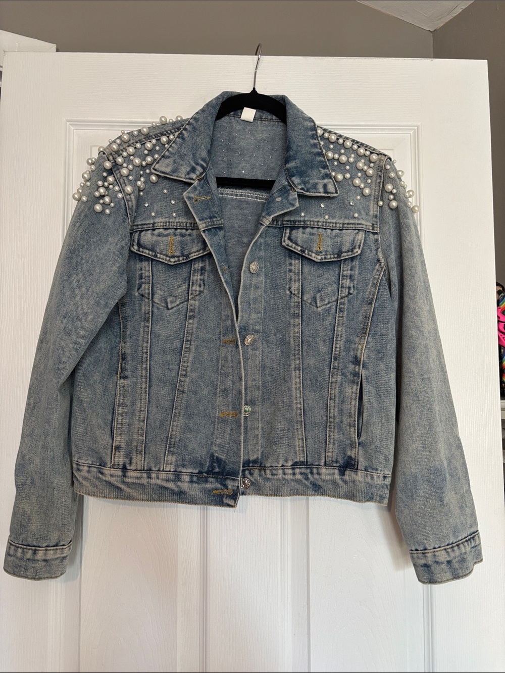 Pearl-Embellished Light Blue Denim Jacket - Women